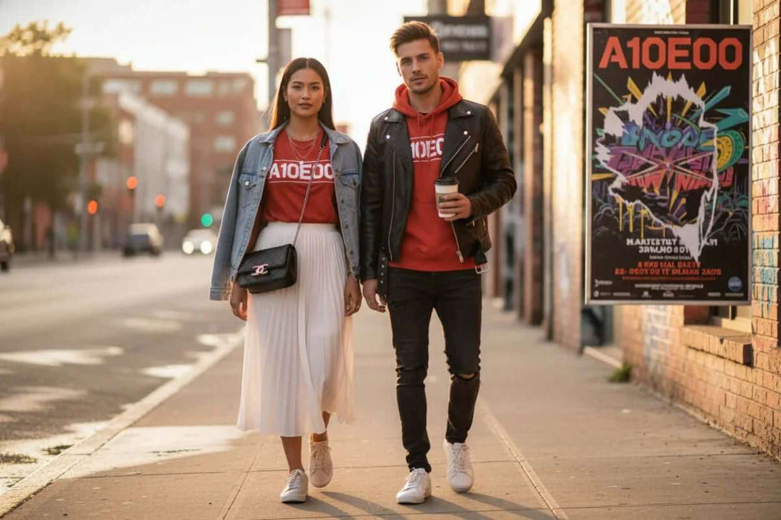 Couple walking on city street wearing red A10E00 Lewis Capaldi merchandise with denim jacket and leather jacket