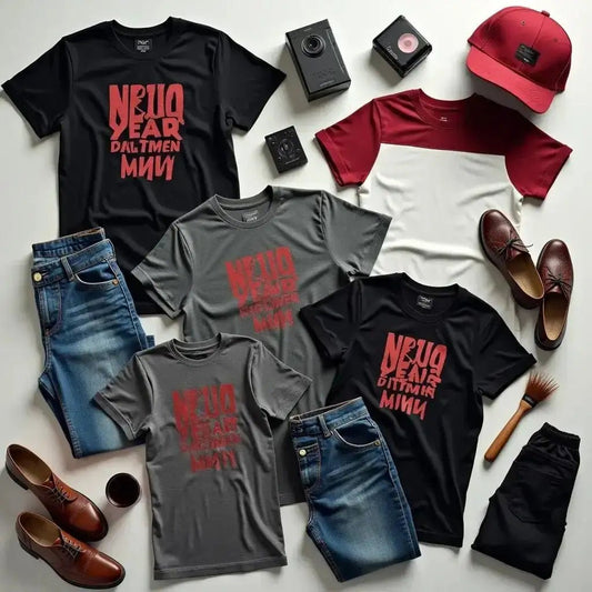 Build Your Collection with Official Band Merchandise featuring stylish t-shirts and accessories laid out creatively.