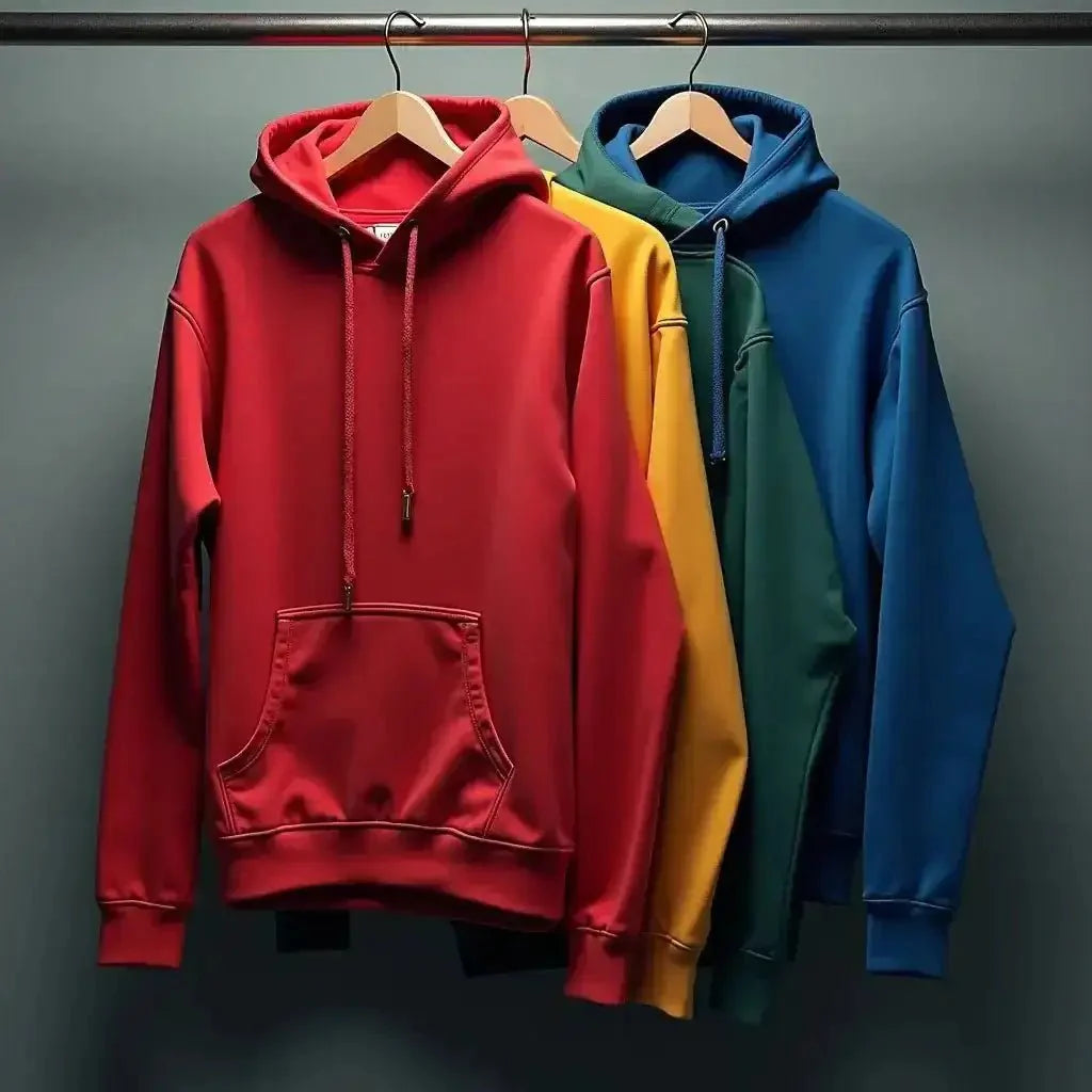 Red, yellow, green, and blue hoodies hanging on wooden hangers on a metal rod, Lewis Capaldi merchandise