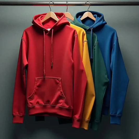 Concert Hoodie Care: Tips for Bold Colors and Lasting Storage - Vibrant hoodies in red, yellow, green, and blue hanging.