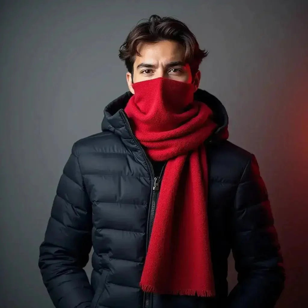 Man wearing black puffer jacket and bright red scarf covering lower face indoors - Lewis Capaldi merchandise
