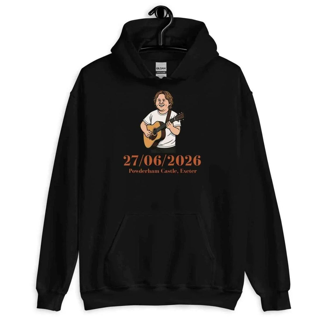 Black Lewis Capaldi 2026 tour hoodie with cartoon image and Powderham Castle Exeter date