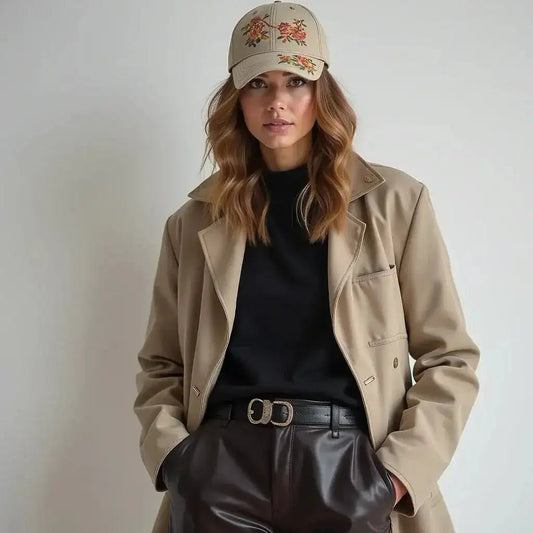 Embroidered Band Cap Style: The Ultimate Accessory to Elevate Every Outfit worn by a model in a trendy outfit.