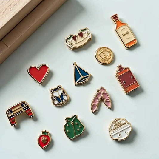 Enamel Pin Badge Set for Collecting and Gifting featuring colorful designs with hearts, boats, and miscellaneous themes.