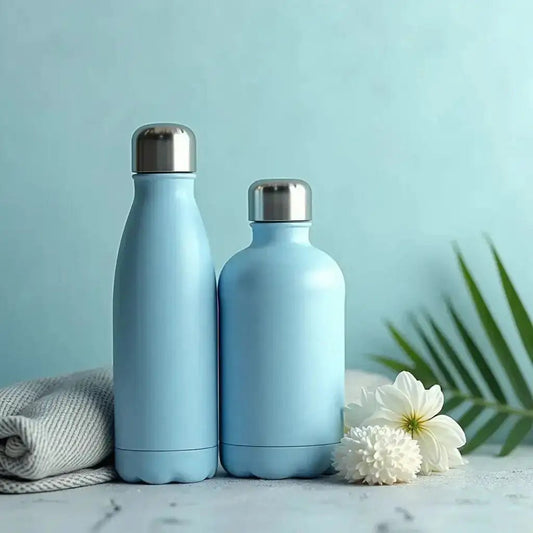 Essential Guide to Reusable Tour Water Bottles featuring stylish blue bottles on a light background.