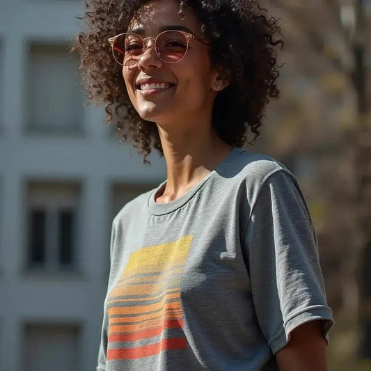 Graphic Concert Tee Styling: From Stage to Street with Care Tips - Smiling woman in gray graphic tee with sunglasses.