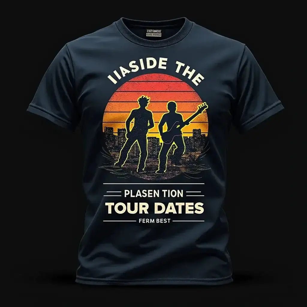 Inside the Tour Dates T-Shirt Anatomy of a Classic featuring musicians silhouetted against a sunset design.