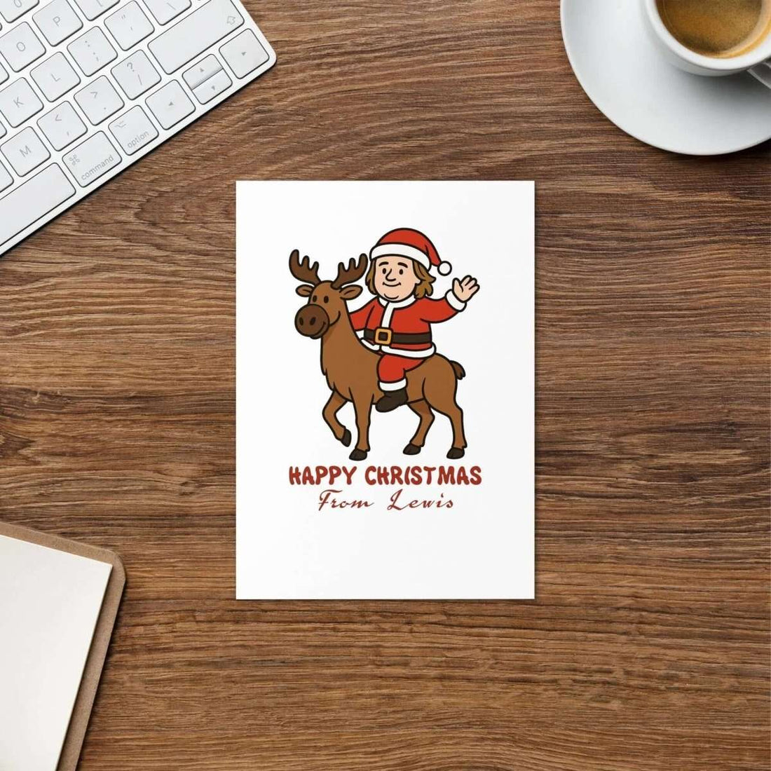 Happy Christmas greeting card featuring a cartoon of Santa and a reindeer with a festive message from Lewis.
