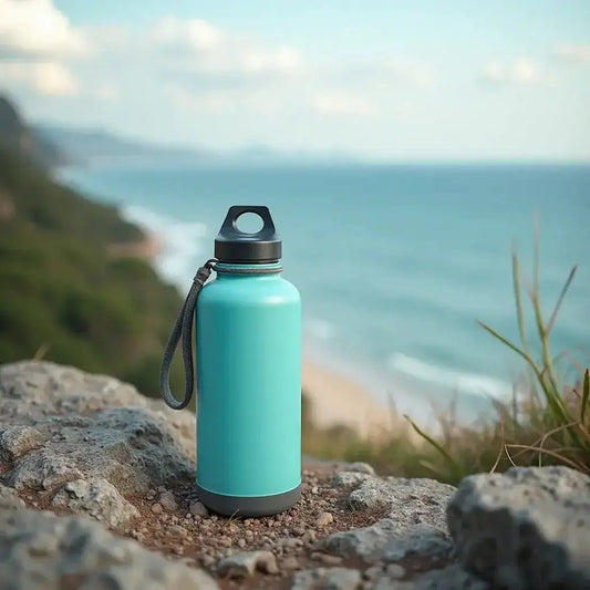 Reusable Water Bottle Guide for Eco-Friendly Travelers: A turquoise reusable water bottle near the ocean.