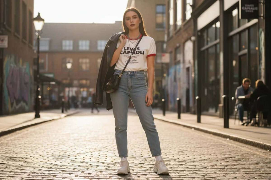 Woman wearing Lewis Capaldi merchandise t-shirt and holding a black jacket on a cobblestone street at sunset