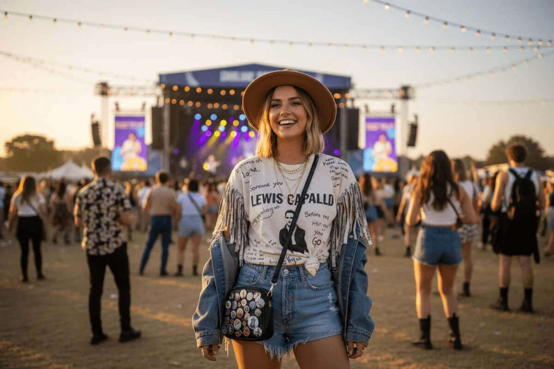 Smiling woman wearing Lewis Capaldi merchandise shirt and hat at outdoor music festival concert