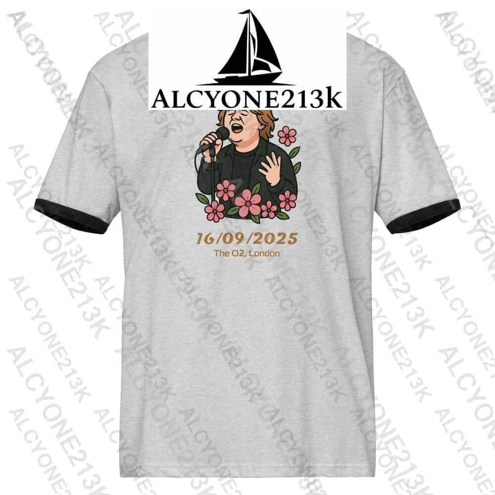 Gray Lewis Capaldi merchandise T-shirt with black trim, illustrated singer with pink flowers, concert date 16/09/2025, O2 London