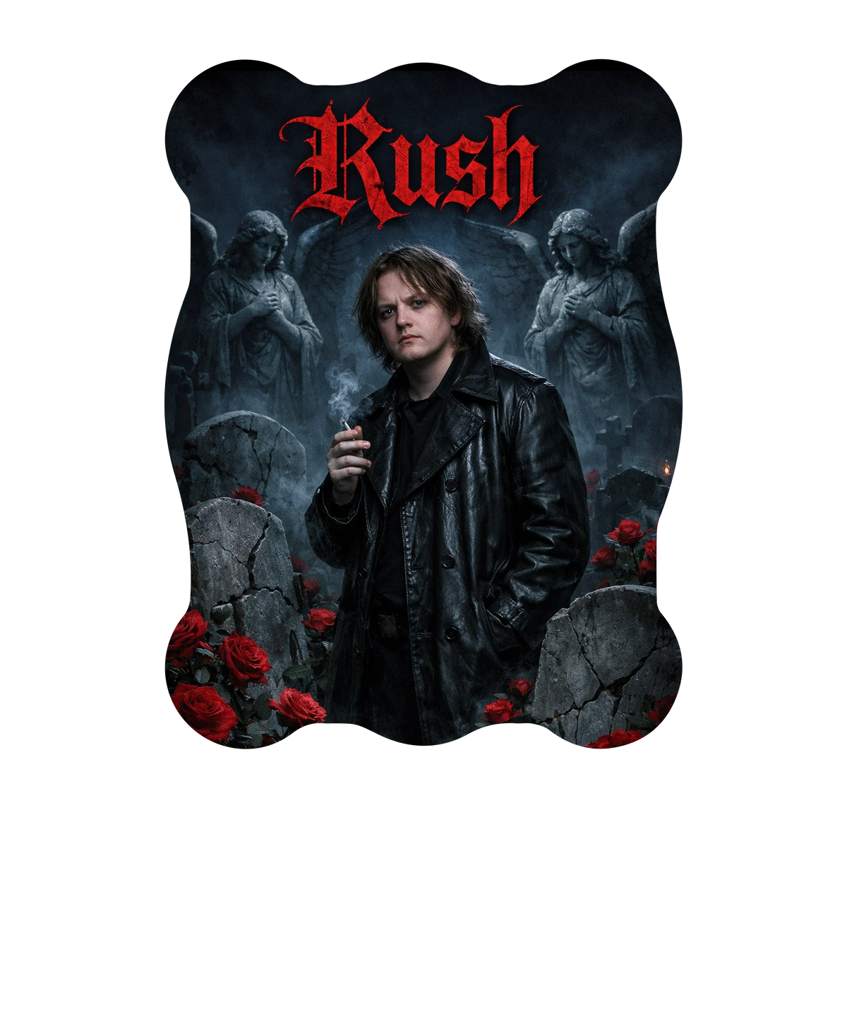 Gothic Lewis Capaldi Rush graphic featuring man in leather coat smoking amidst tombstones, red roses, and angel statues.