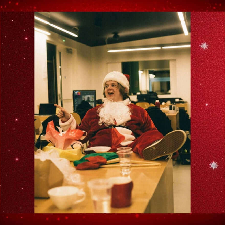 Holiday Celebrations with Lewis Capaldi: Unforgettable Moments Await featuring Lewis in a Santa costume.