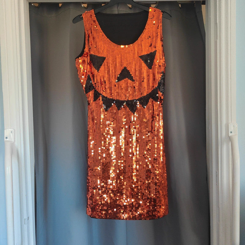 Halloween Orange Sequin Pumpkin Dress Fancy Dress Costume Size M/L