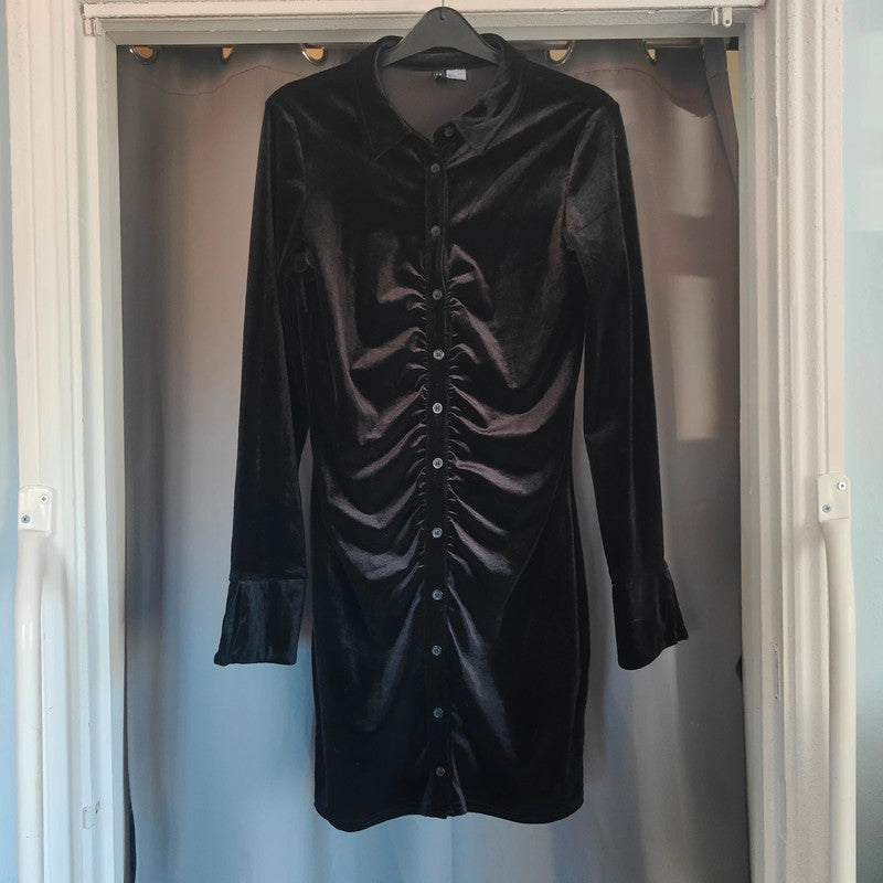 H&m Divided Black Velvet Ruched Mini Shirt Dress Size L Long Sleeve