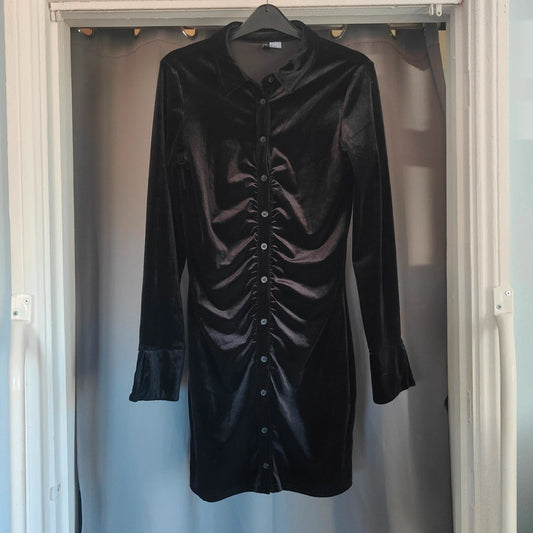 H&m Divided Black Velvet Ruched Mini Shirt Dress Size L Long Sleeve