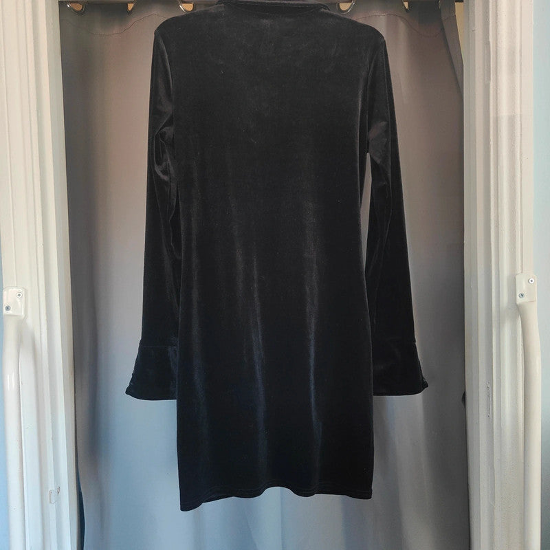 H&m Divided Black Velvet Ruched Mini Shirt Dress Size L Long Sleeve