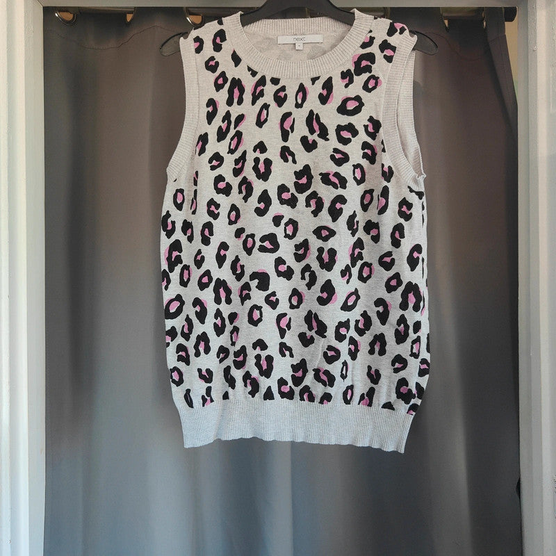 Next Size M Leopard Print Knitted Vest Grey Pink Animal Print Sweater Tank