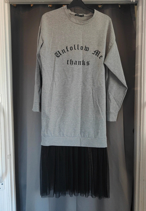Bershka Size S Grey Slogan Sweatshirt Dress Black Tulle Hem Mini Dress