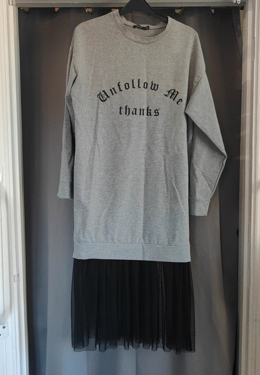 Bershka Size S Grey Slogan Sweatshirt Dress Black Tulle Hem Mini Dress