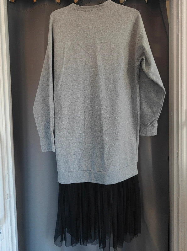 Bershka Size S Grey Slogan Sweatshirt Dress Black Tulle Hem Mini Dress