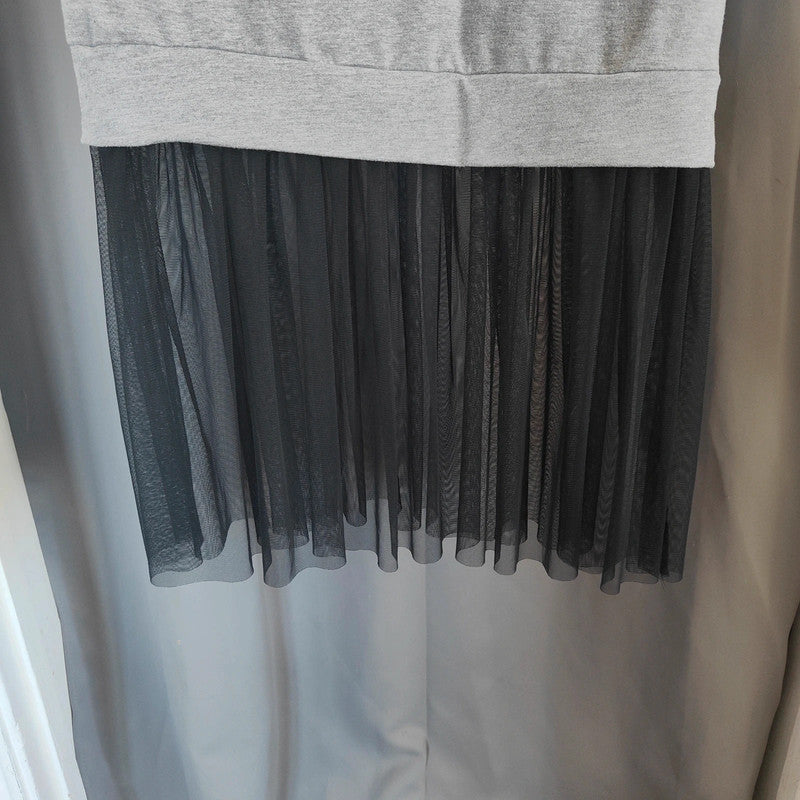 Bershka Size S Grey Slogan Sweatshirt Dress Black Tulle Hem Mini Dress