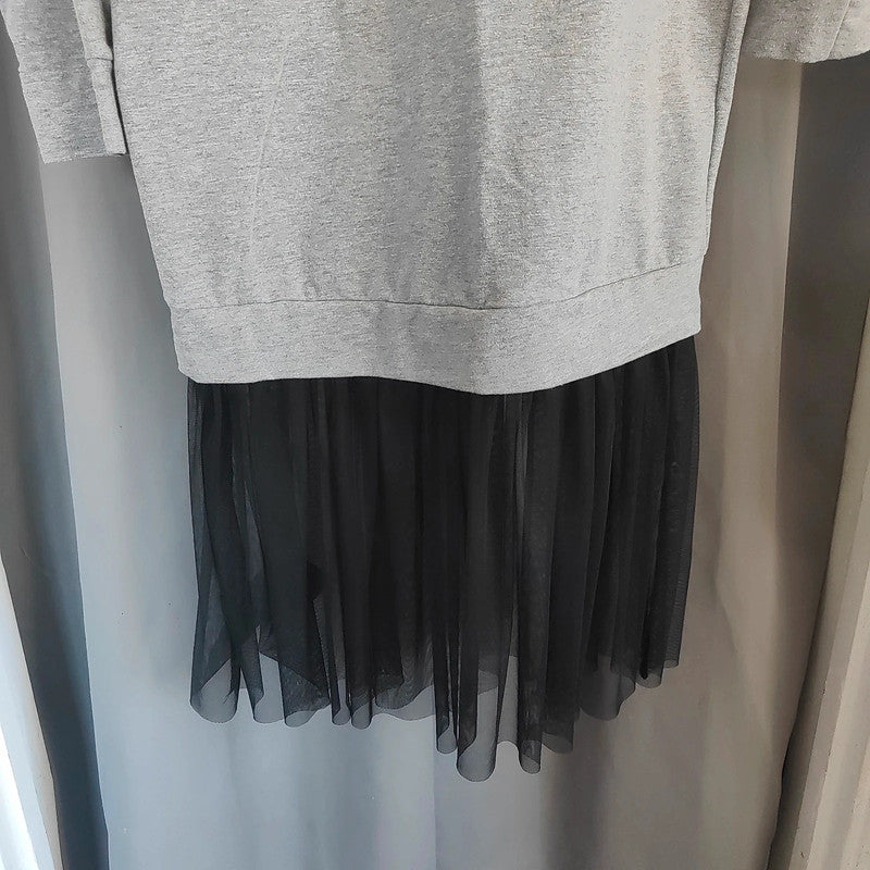 Bershka Size S Grey Slogan Sweatshirt Dress Black Tulle Hem Mini Dress