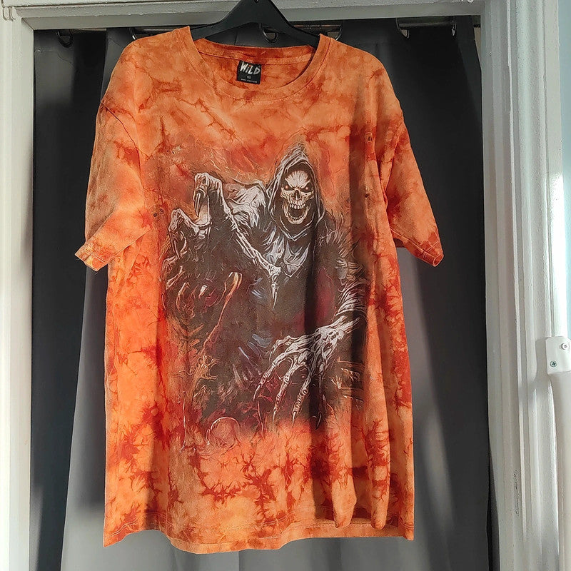 Wild Orange Tie Dye Grim Reaper Graphic T-Shirt XL Oversized Goth Tee