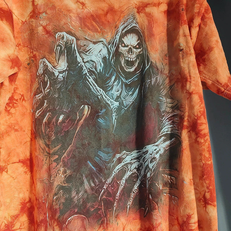 Wild Orange Tie Dye Grim Reaper Graphic T-Shirt XL Oversized Goth Tee