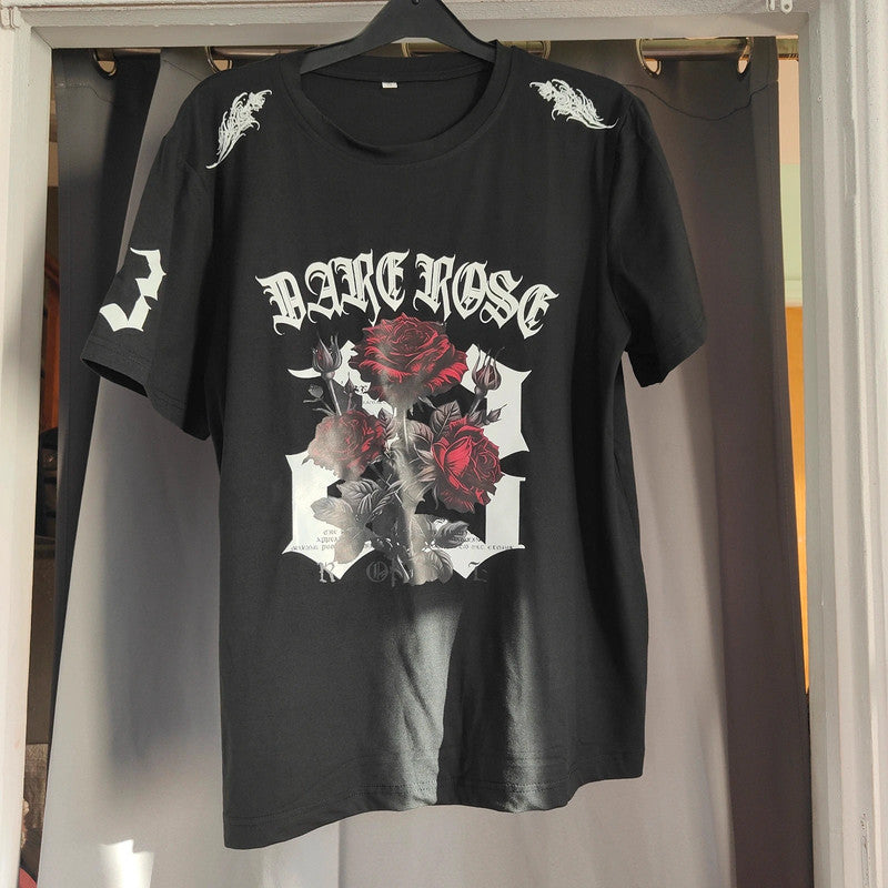 Dark Rose Gothic Graphic T Shirt Black Size S Red Rose Print Punk Top