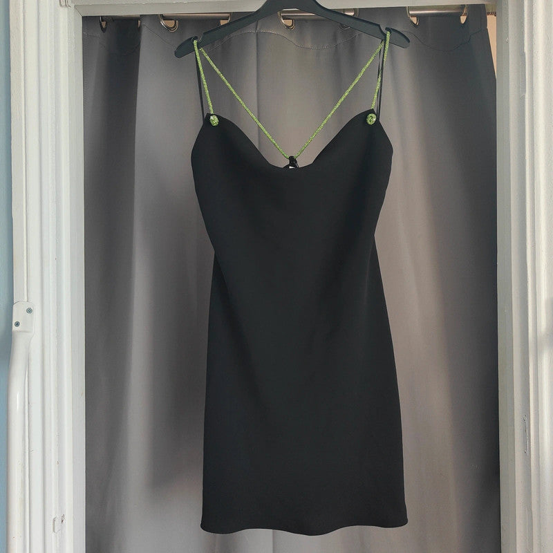 Zara Size Xs Black Sparkly Strap Mini Dress Nwt Cowl Neck Lime Green Detail