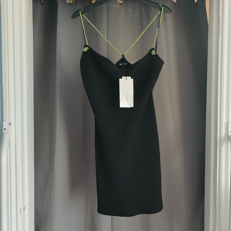 Zara Size Xs Black Sparkly Strap Mini Dress Nwt Cowl Neck Lime Green Detail