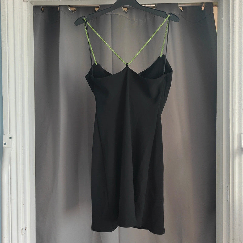Zara Size Xs Black Sparkly Strap Mini Dress Nwt Cowl Neck Lime Green Detail