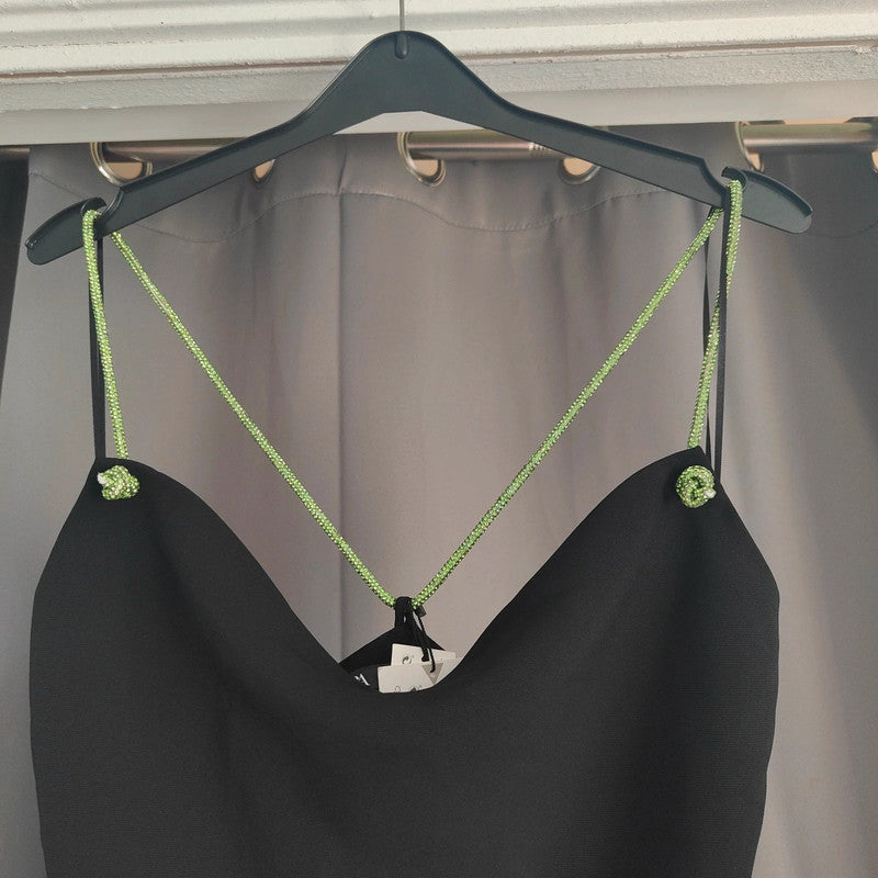 Zara Size Xs Black Sparkly Strap Mini Dress Nwt Cowl Neck Lime Green Detail