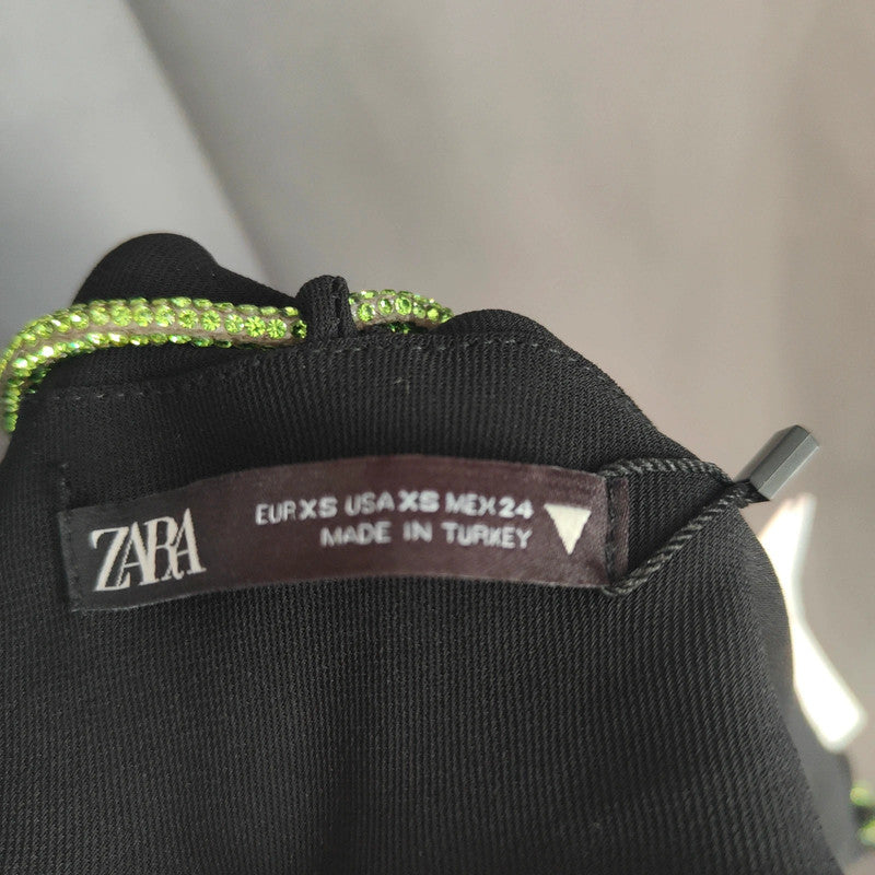 Zara Size Xs Black Sparkly Strap Mini Dress Nwt Cowl Neck Lime Green Detail