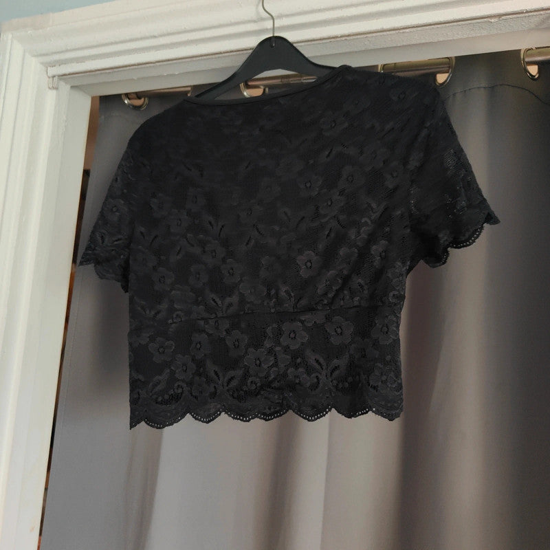 Shein Black Floral Lace V-Neck Wrap Front Crop Top Size M Medium