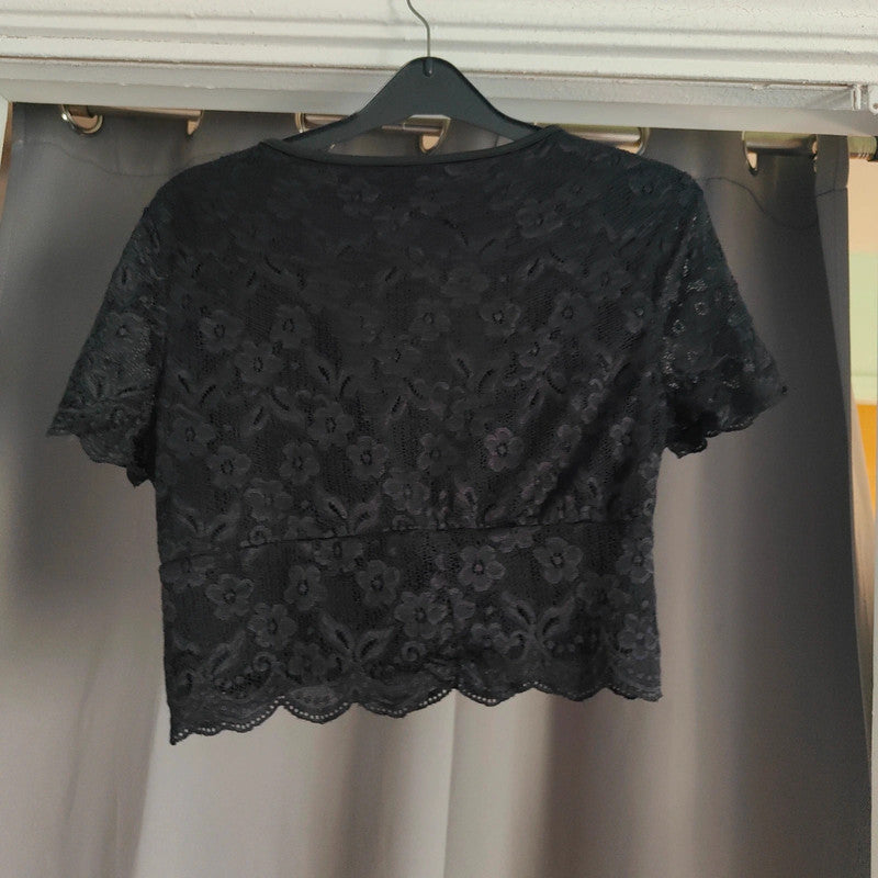 Shein Black Floral Lace V-Neck Wrap Front Crop Top Size M Medium
