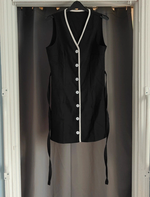 shein Black Button Up Waistcoat Style Mini Dress White Piping Size M 10