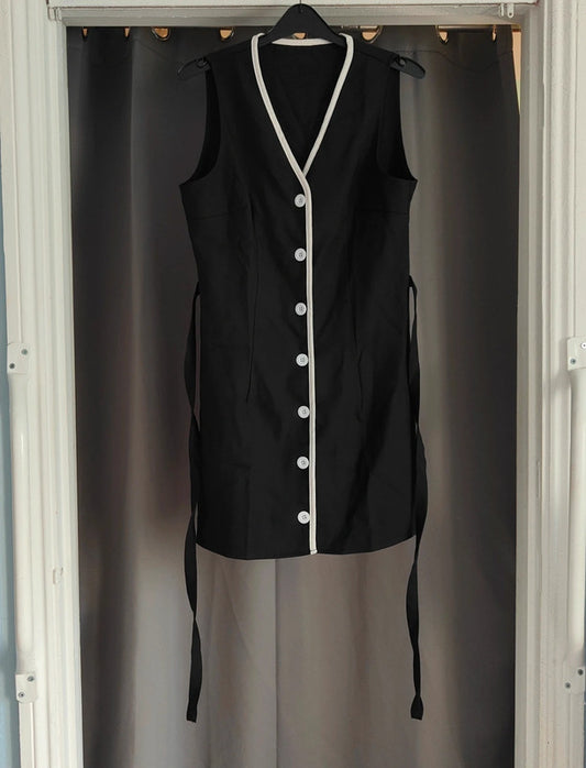 shein Black Button Up Waistcoat Style Mini Dress White Piping Size M 10