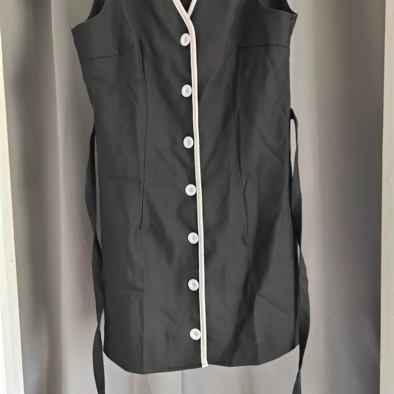 shein Black Button Up Waistcoat Style Mini Dress White Piping Size M 10