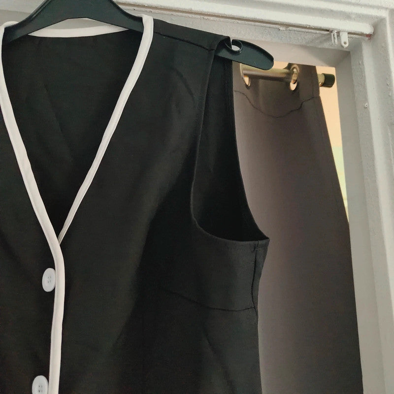 shein Black Button Up Waistcoat Style Mini Dress White Piping Size M 10