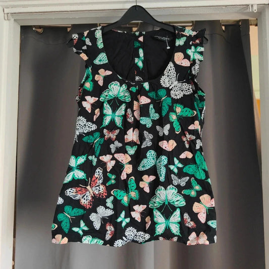 Dorothy Perkins Black Butterfly Print Cotton Blouse Size 12 UK Flutter Sleeve