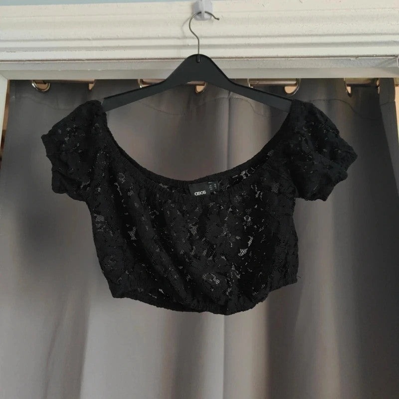 Asos Black Floral Lace Bardot Crop Top Size 10 Off The Shoulder