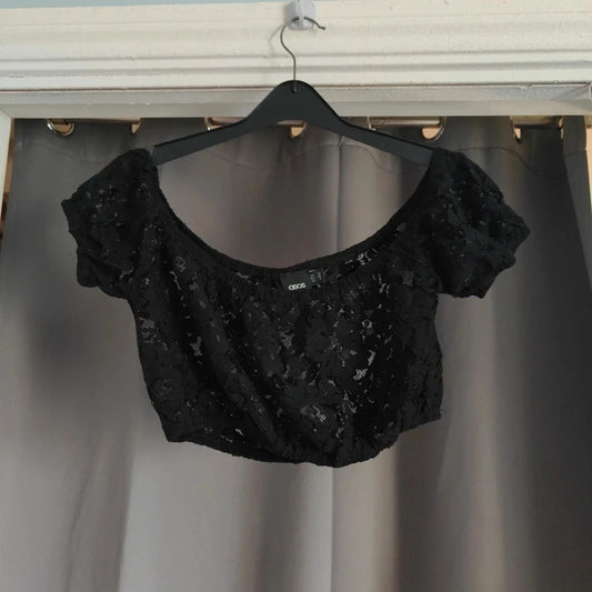 Asos Black Floral Lace Bardot Crop Top Size 10 Off The Shoulder