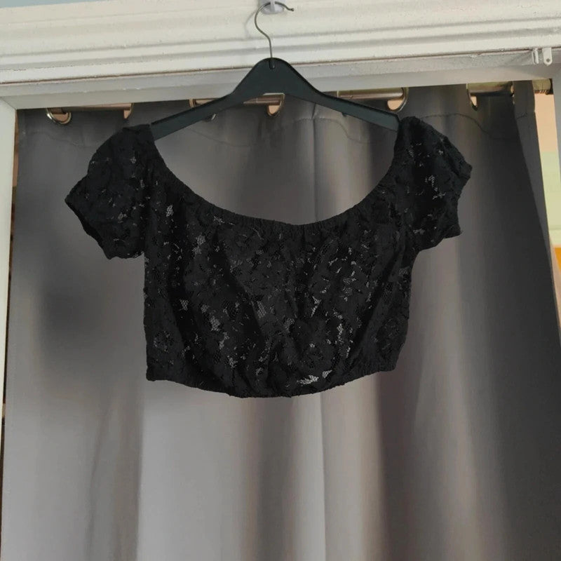 Asos Black Floral Lace Bardot Crop Top Size 10 Off The Shoulder