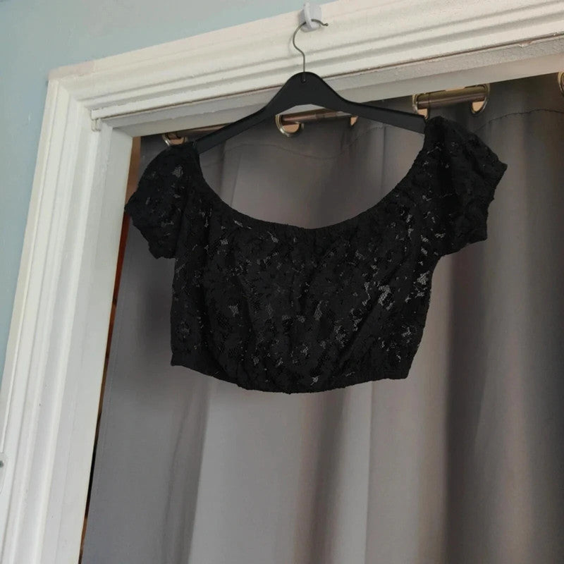 Asos Black Floral Lace Bardot Crop Top Size 10 Off The Shoulder
