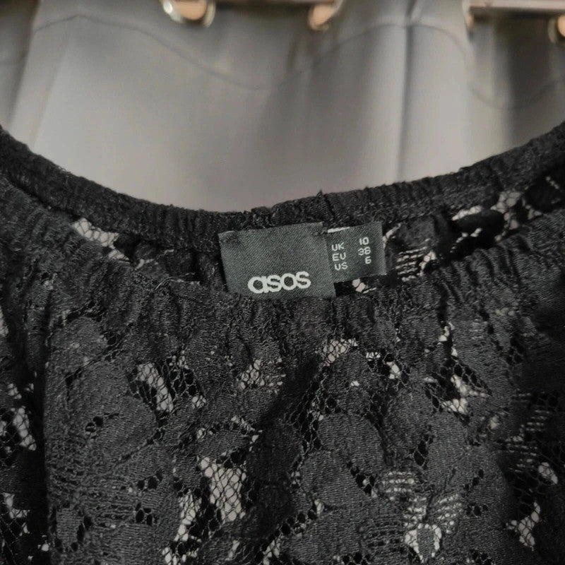 Asos Black Floral Lace Bardot Crop Top Size 10 Off The Shoulder