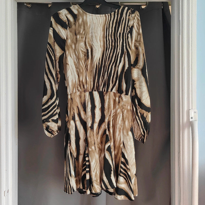 AX Paris Zebra Print Long Sleeve Mini Dress Size 8 Neutral Animal Print