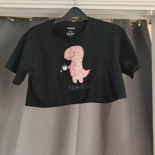 SHEIN "Tea-Rex" Dinosaur Graphic Crop Top | Black 100% Cotton Small